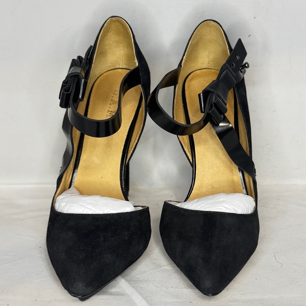 L.A.M.B. Black Suede Heels with Bow Accent